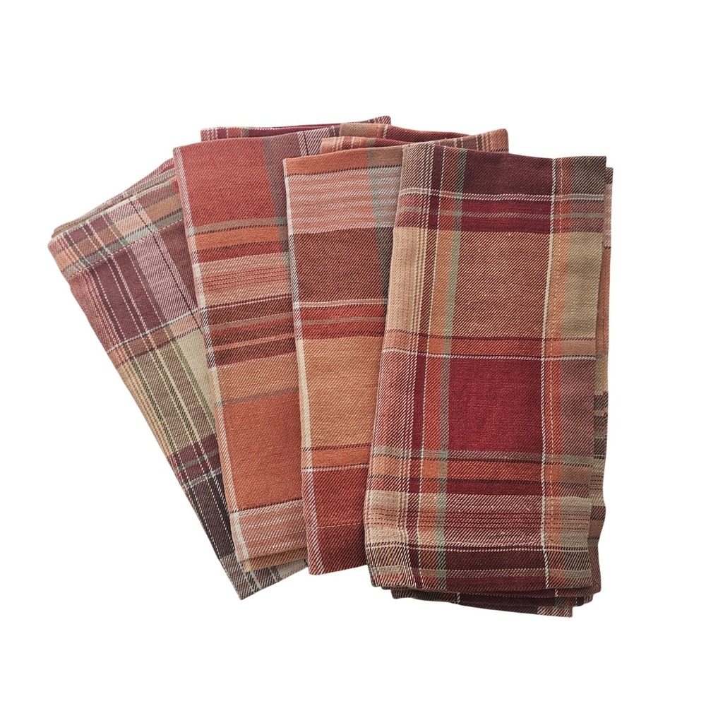 Pottery Barn Newton Plaid Napkins Set of 4 Cotton Linen Orange Fall Rustic 19x19